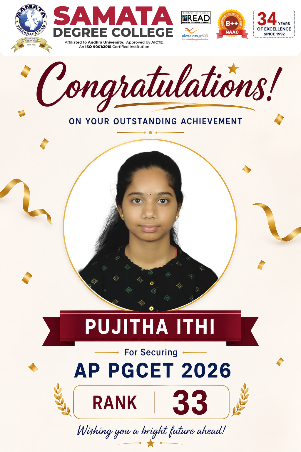 Ms. Pujitha Ithi – AP PGCET 2026 Rank 33 achiever at Samata Degree College
