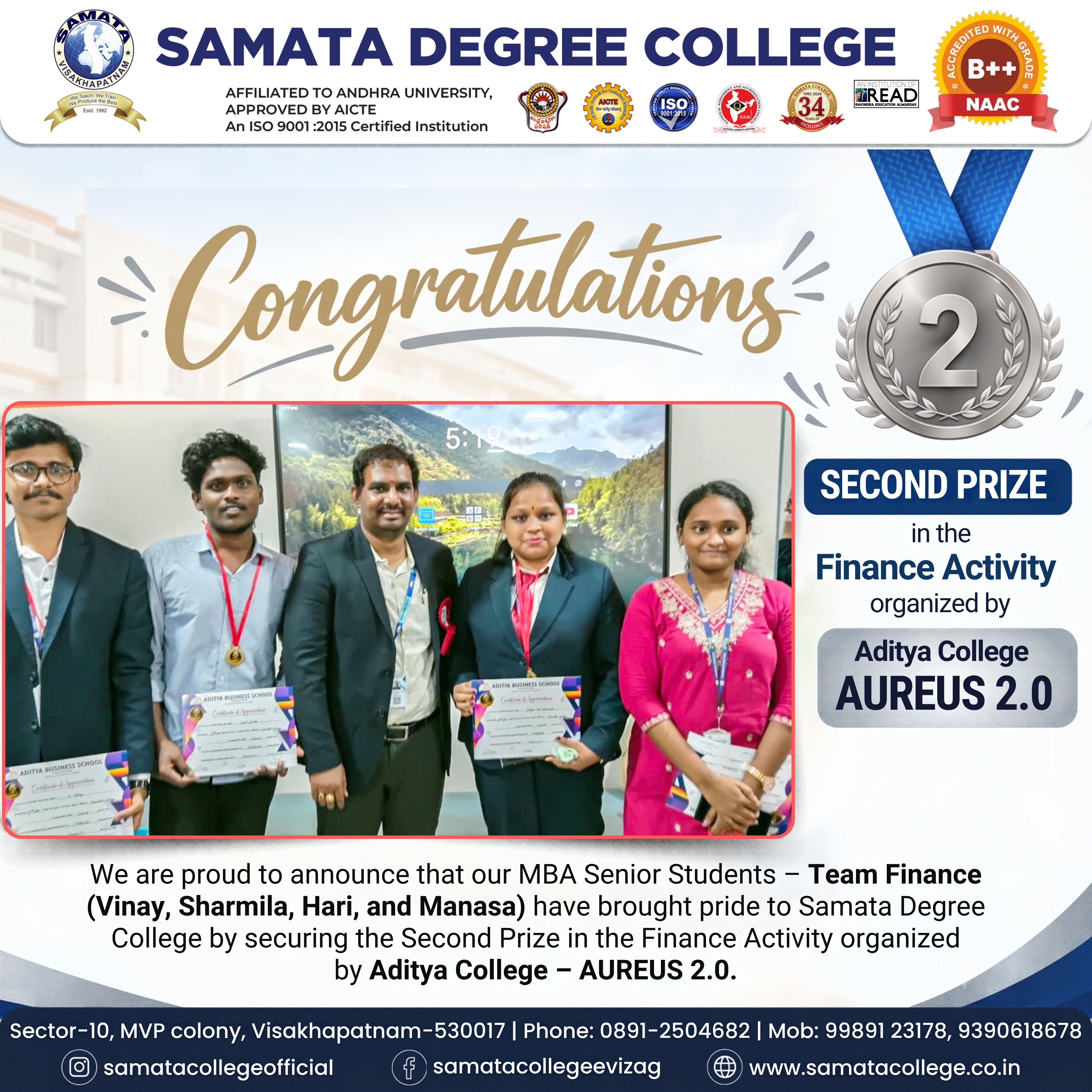 Samata MBA students winning second prize in the Finance Activity