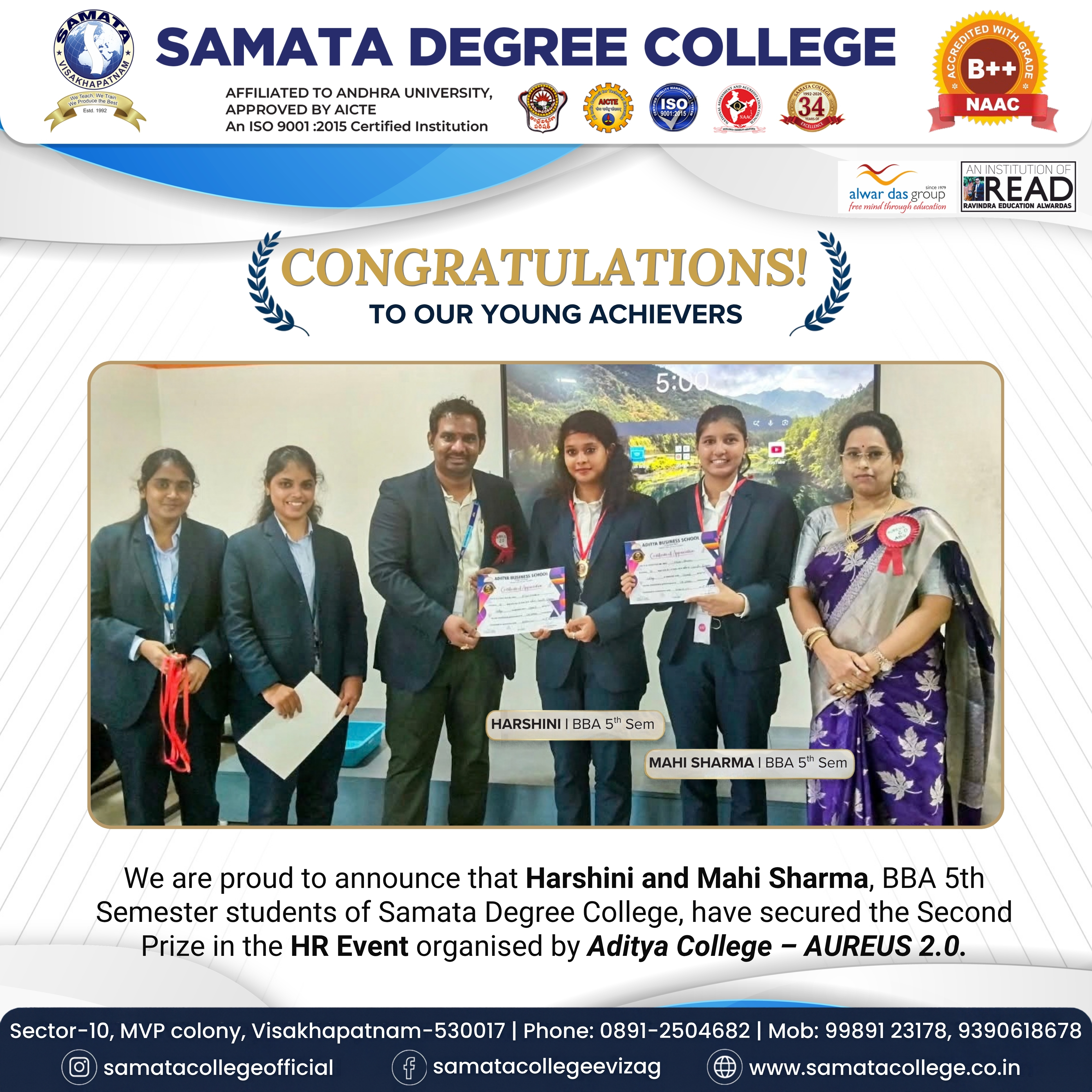 Harshini and Mahi Sharma receiving recognition in the HR Event